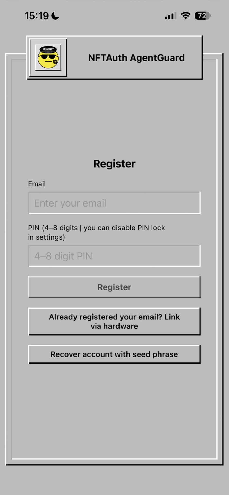 NFTAuth AgentGuard registration screen on iPhone