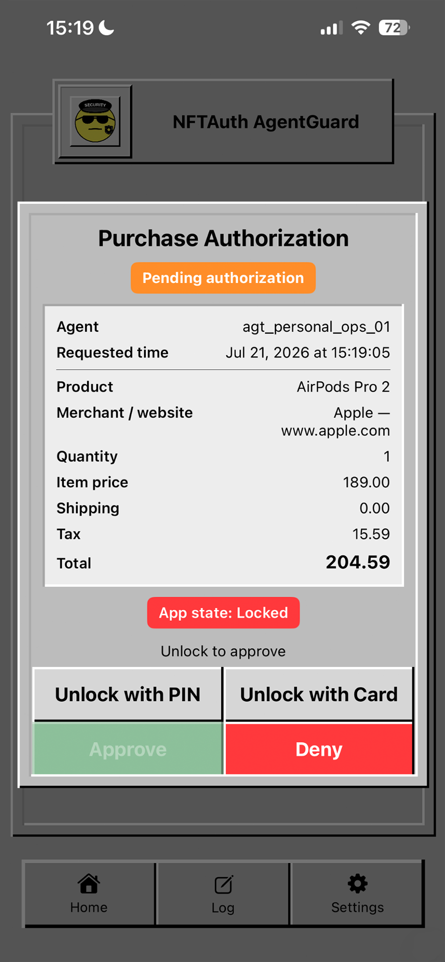 Locked purchase authorization review in NFTAuth AgentGuard
