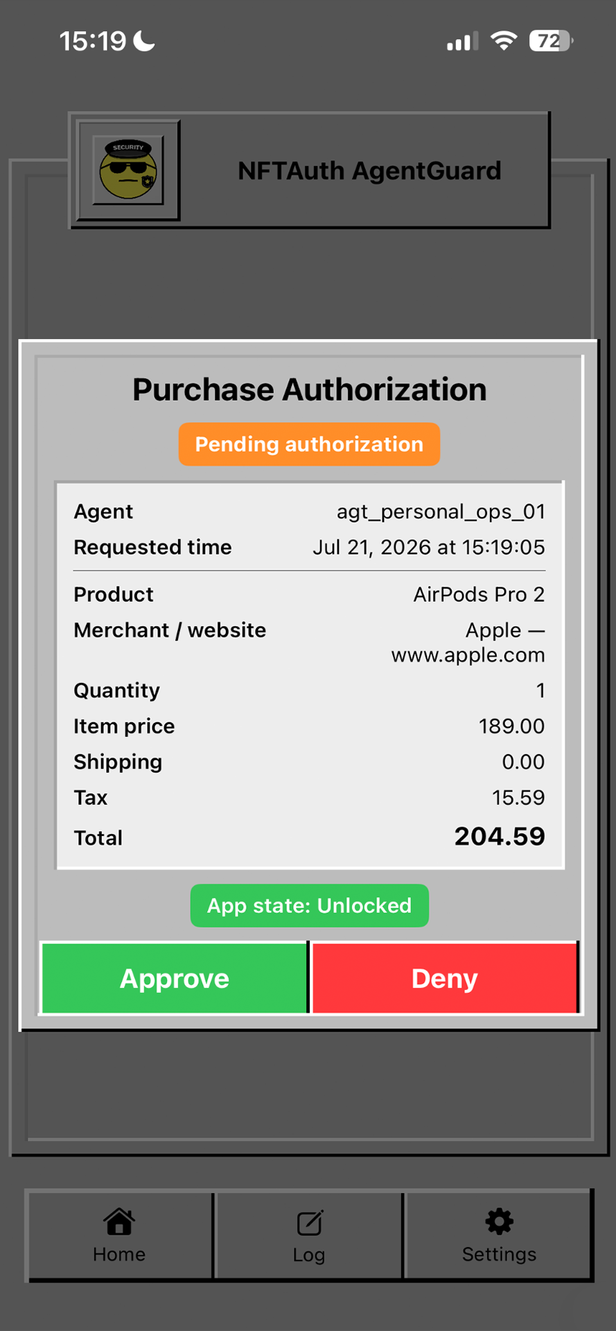 Unlocked NFTAuth AgentGuard purchase approval screen