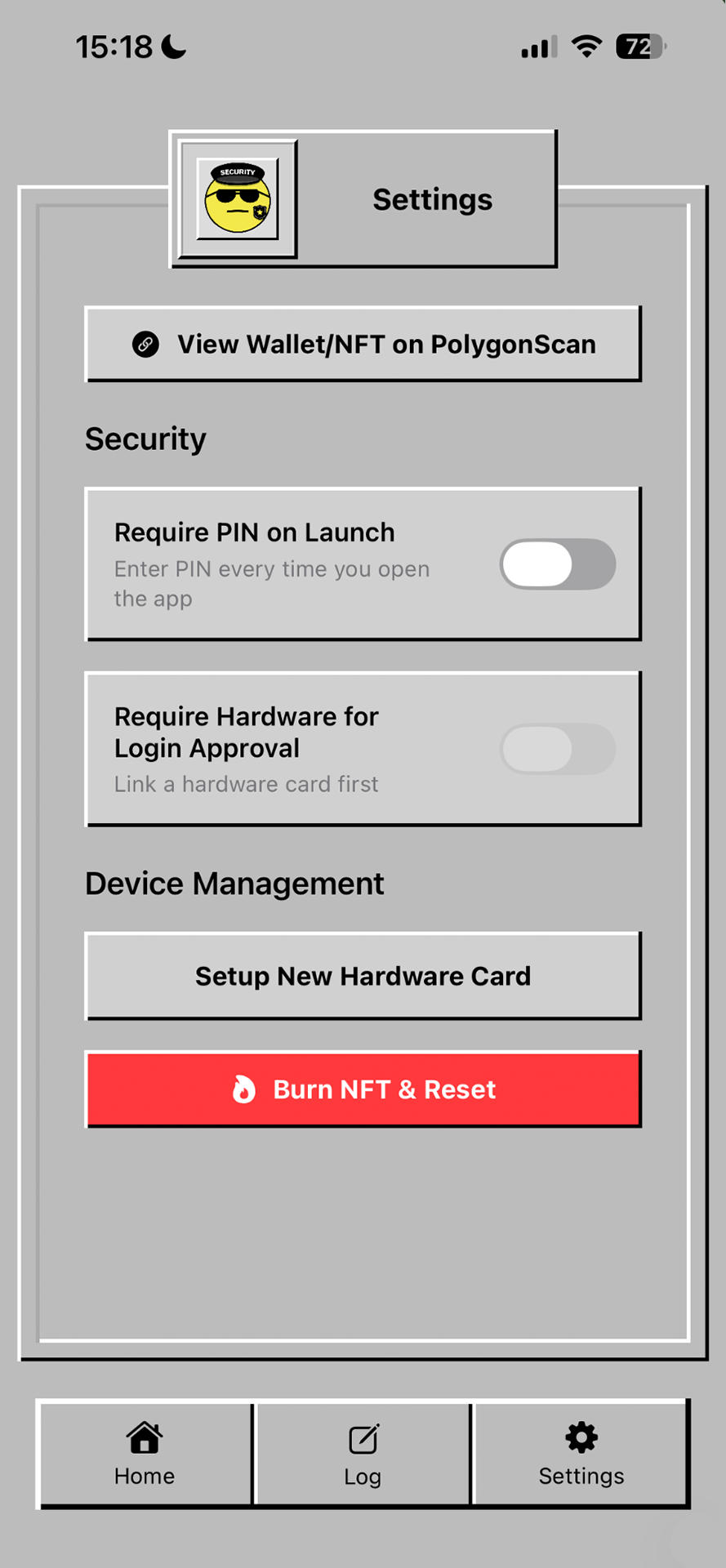 NFTAuth AgentGuard security and device settings screen